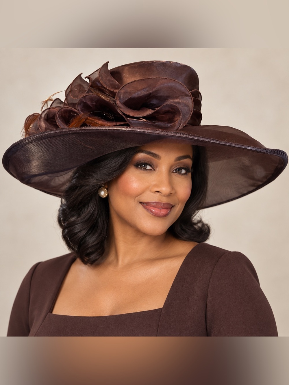 Brown Wide Brim Church Derby Hat Ribbon Feather Accent Adjustable